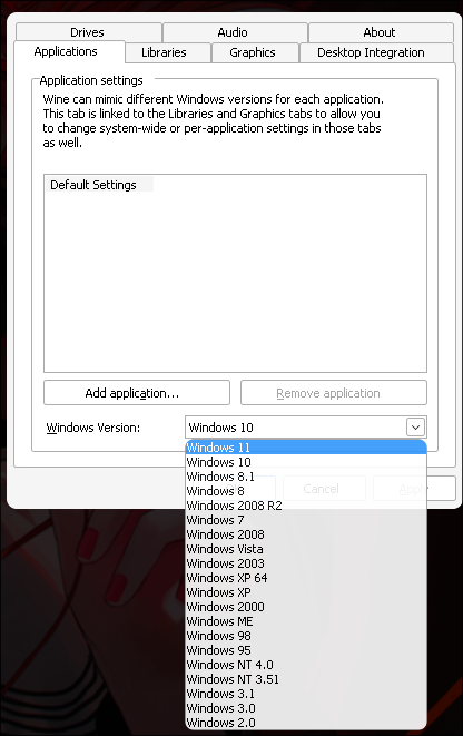 winecfg set Windows version